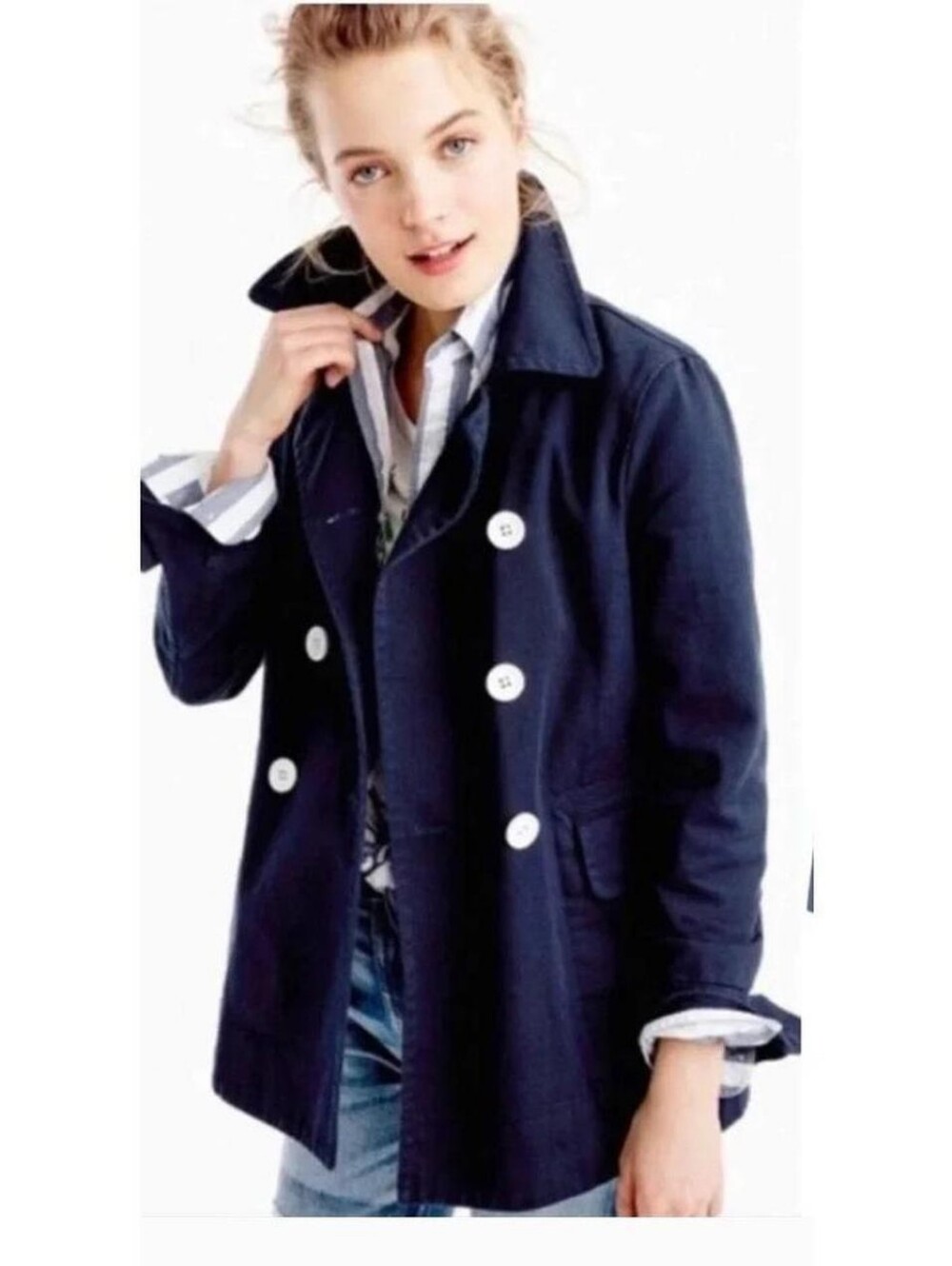 J.CREW Navy Blue Heavyweight Cotton Twill Peacoat Jacket W/White Buttons Size 0